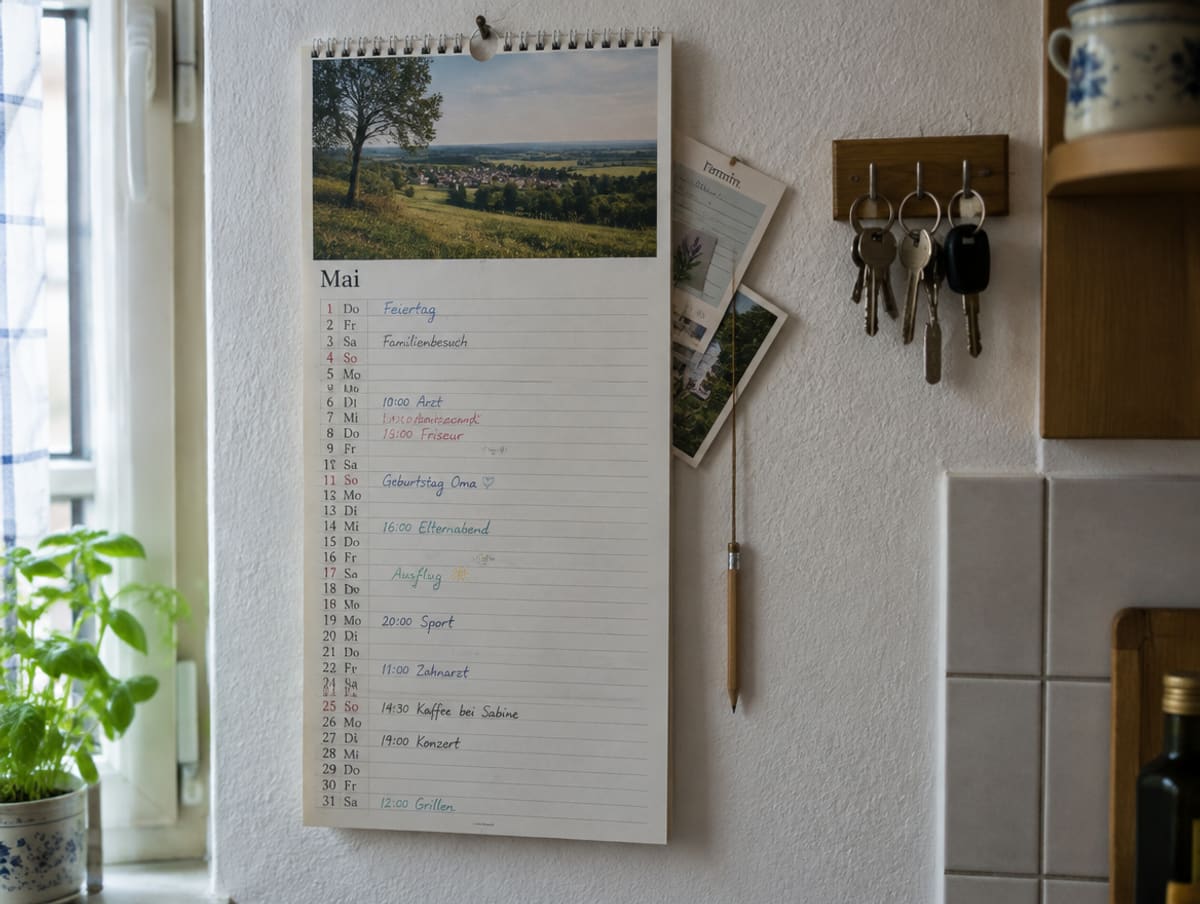 Ein Flur am frühen Morgen mit Schulrucksack, Turnschuhen und Regenjacke.
