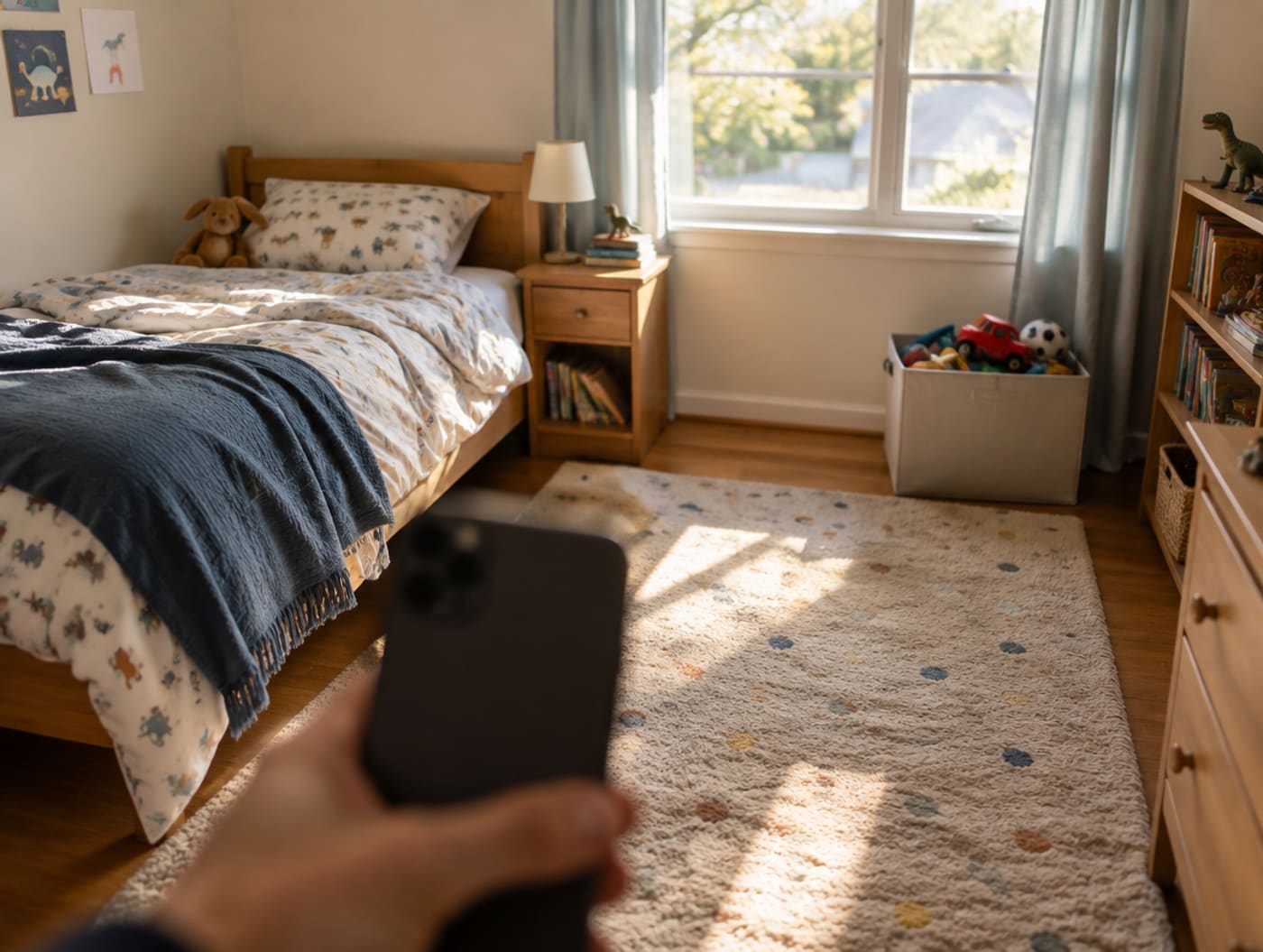 Ein aufgeräumtes Kinderzimmer am Nachmittag, im Vordergrund unscharf eine Hand mit einem Handy, die den Nachweis fotografiert.